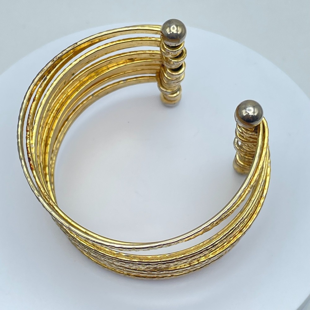 VTG Gold Tone Gladiator Wide Multi-Band Stacked Hammered Open Cuff Bracelet Boho - Picture 6 of 8